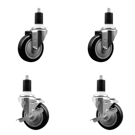 Service Caster 4'' SS Black Poly Wheel Swivel 1-1/2'' Expanding Stem Caster Set 2 Brakes, 4PK SCC-SSEX20S414-PPUB-BLK-2-TLB-2-112
